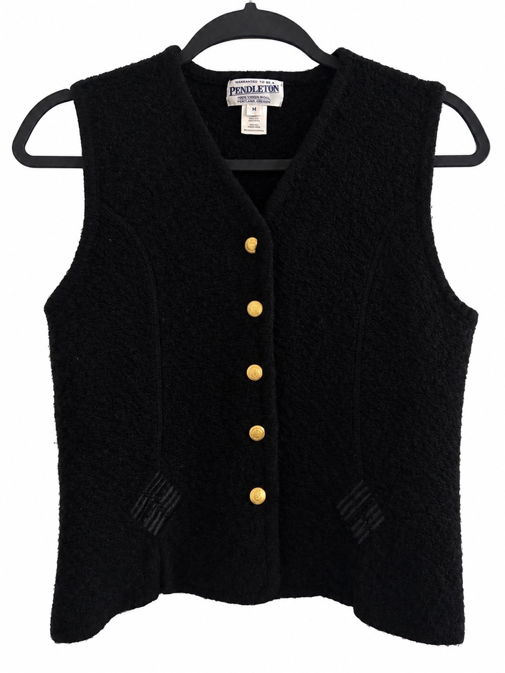 Pendleton Black 100% Virgin Wool Button Front Vest Gold Buttons Quiet Luxury M